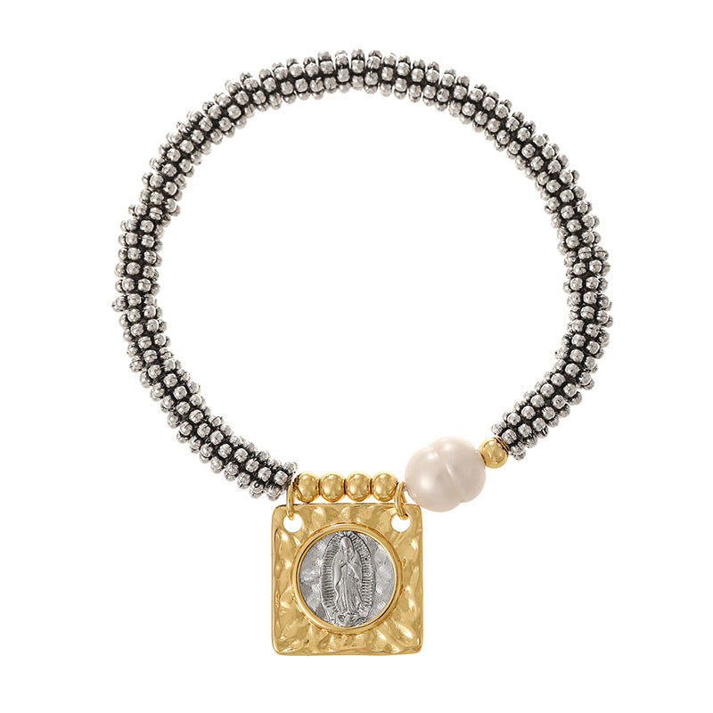 Gold And Silver 2 Copper Square Portrait Beaded Pearl Bracelet