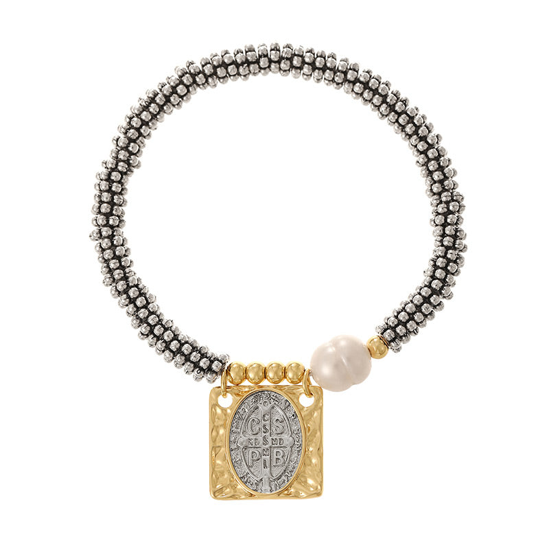 Gold And Silver 2 Copper Square Portrait Beaded Pearl Bracelet