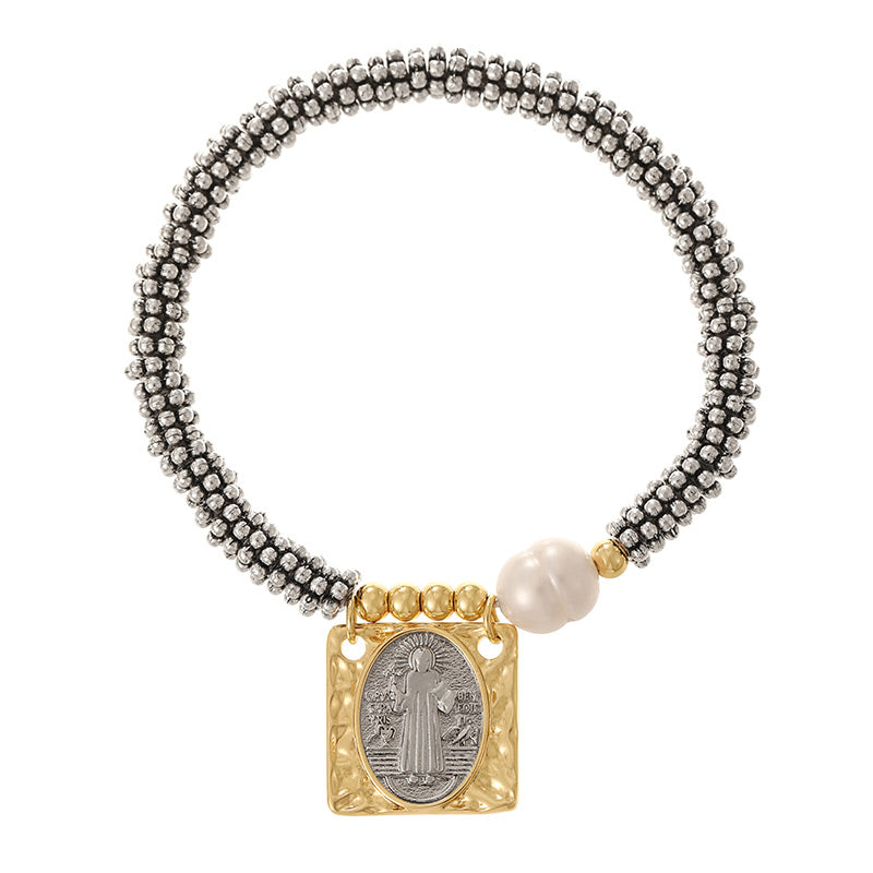 Gold And Silver 2 Copper Square Portrait Beaded Pearl Bracelet