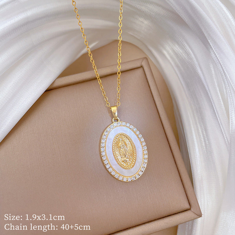 Gold Stainless Steel Diamond Portrait Oval Necklace