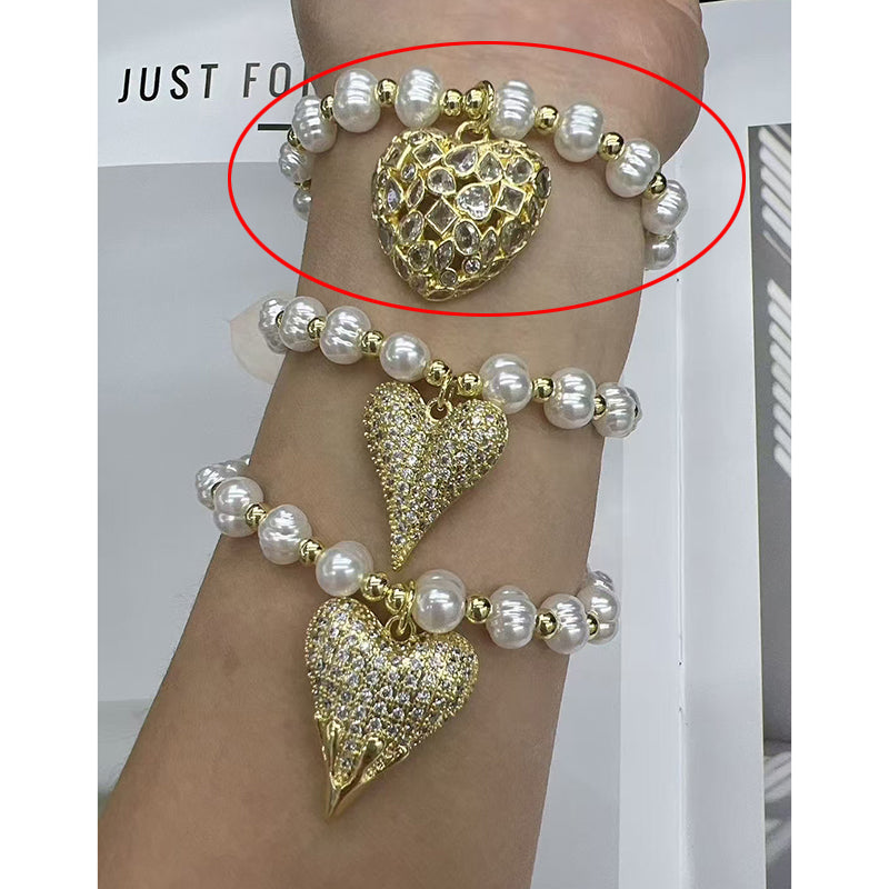 Gold 1 Copper Gold-plated Pearl Beaded Diamond Heart Bracelet