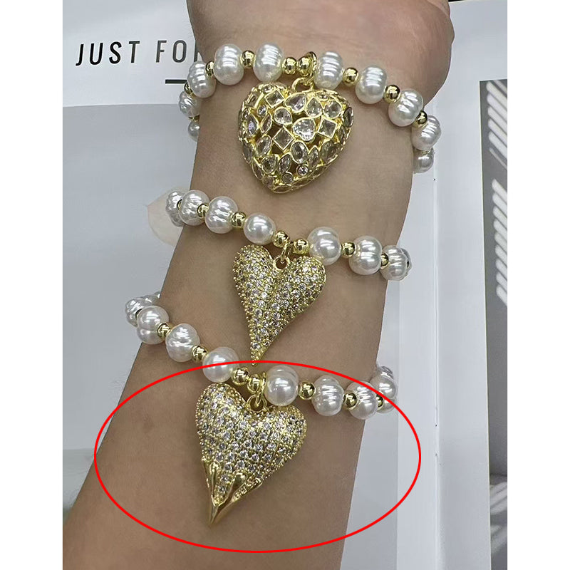 Gold 1 Copper Gold-plated Pearl Beaded Diamond Heart Bracelet