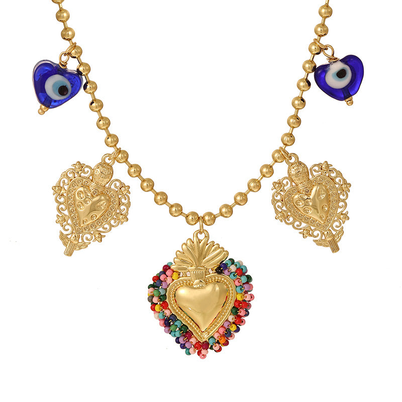 Light Blue Rice Bead Heart Copper Bead Necklace (4mm)