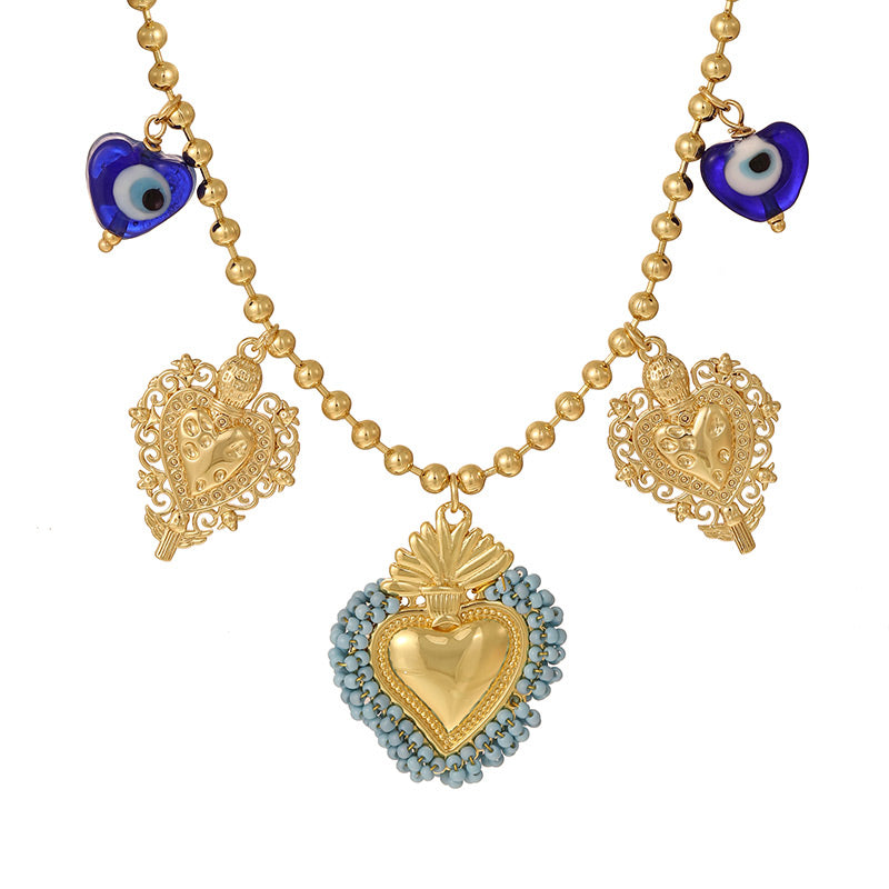 Light Blue Rice Bead Heart Copper Bead Necklace (4mm)