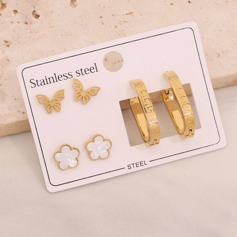 1#butterfly Flowers Stainless Steel Butterfly Flower Earring Set