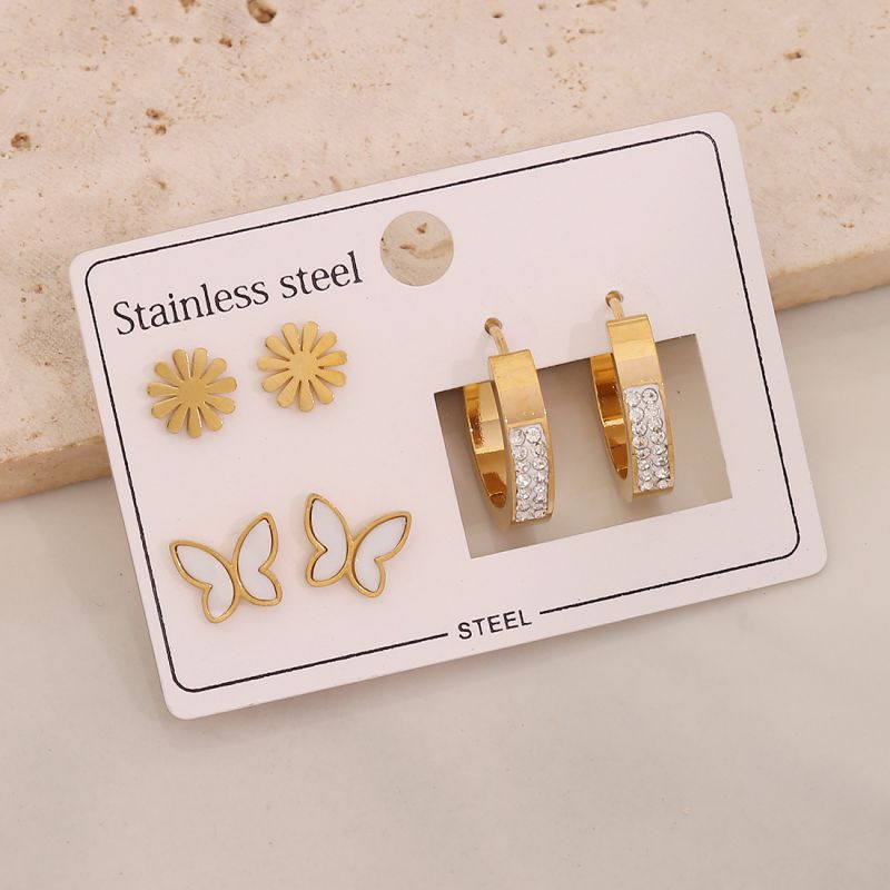 1#butterfly Flowers Stainless Steel Butterfly Flower Earring Set