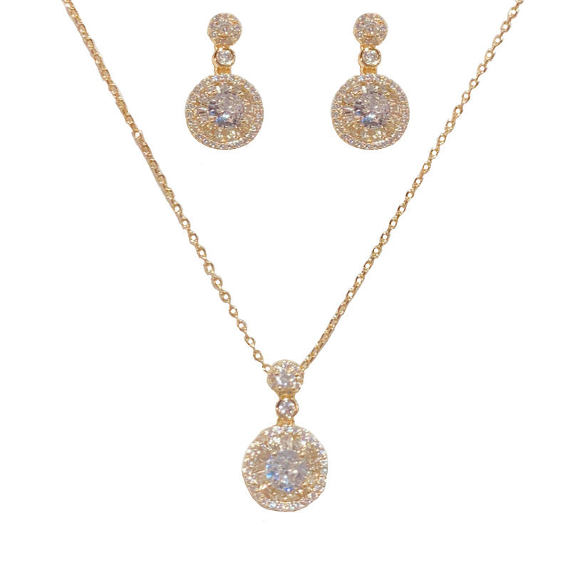 Silver-full Zirconium Ring Pendant Necklace Set (thick Real Gold Electroplating) Copper Diamond Round Necklace Earring Set