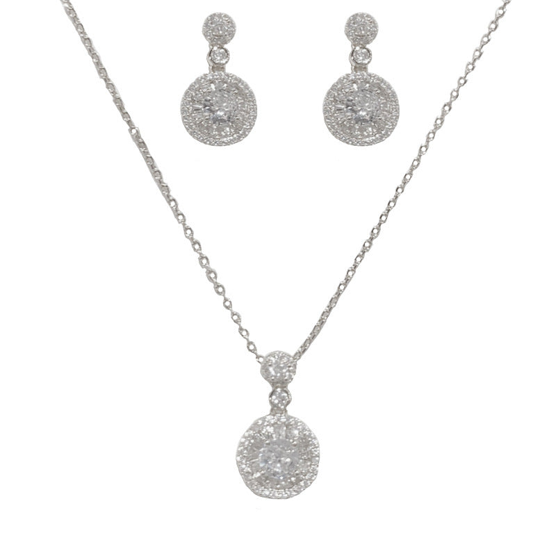 Silver-full Zirconium Ring Pendant Necklace Set (thick Real Gold Electroplating) Copper Diamond Round Necklace Earring Set