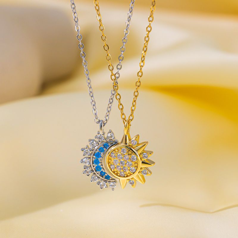 (magnetic) Gold Titanium Steel Diamond Sun And Moon Necklace