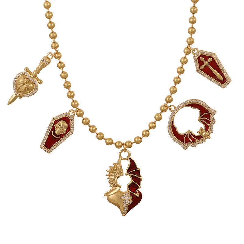 Gold 2 Copper Inlaid Zircon Oil Dripping Heart Eye Beaded Necklace (2mm)