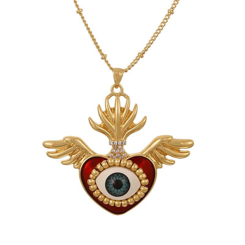 Gold 2 Copper Inlaid Zircon Oil Dripping Heart Eye Beaded Necklace (2mm)