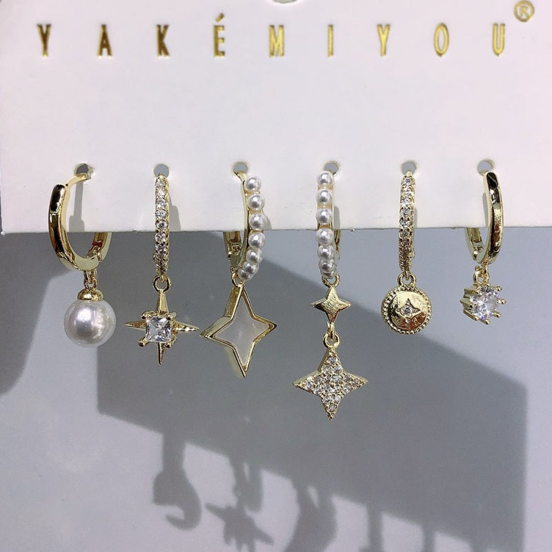Gold Copper Inlaid Zircon Star Pearl Earrings 6-piece Set