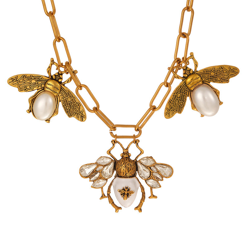 Gold Alloy Diamond Bee Necklace