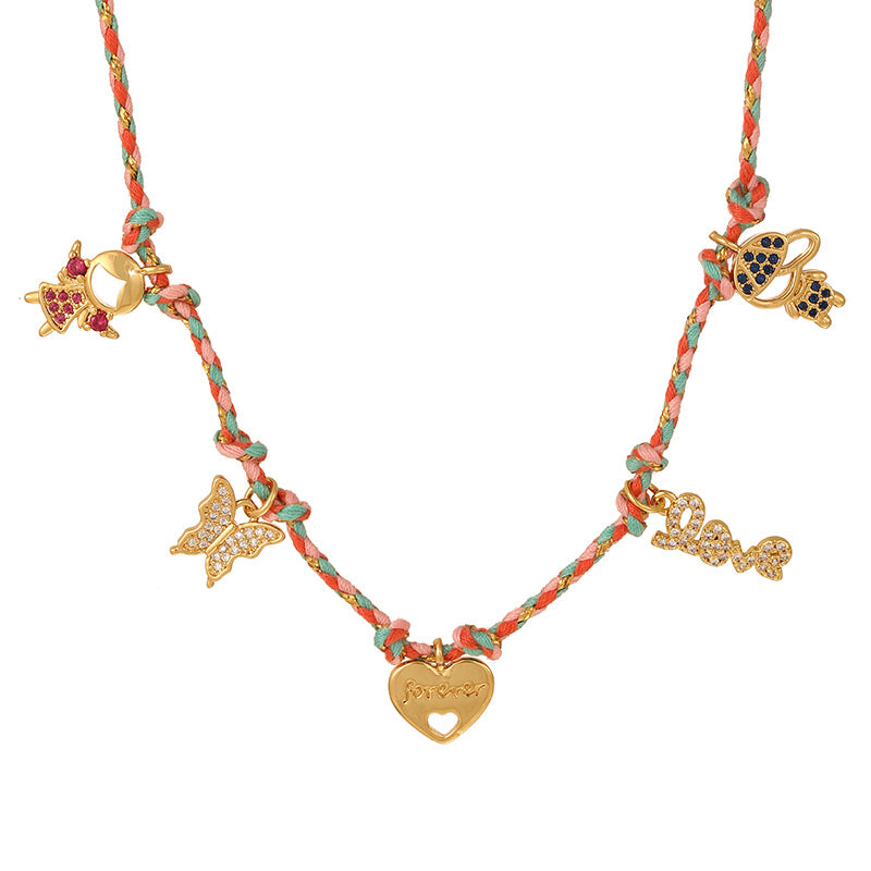 Color 1 Copper And Zircon Oil-dripping Cherry Braided Necklace
