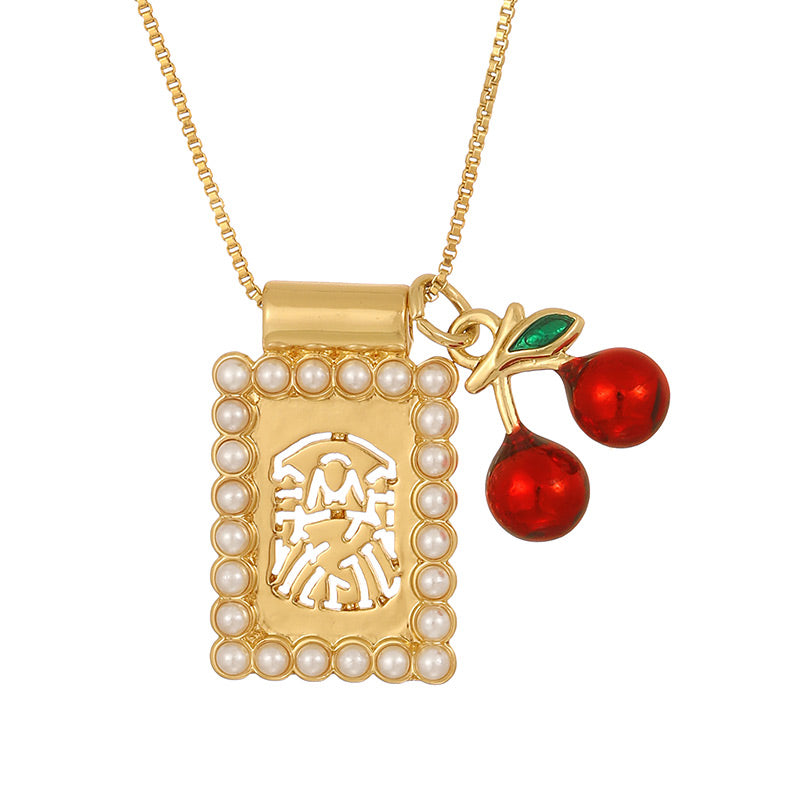 Gold 1 Square Hollow Pattern Oil-dripping Cherry Necklace (with Needle)