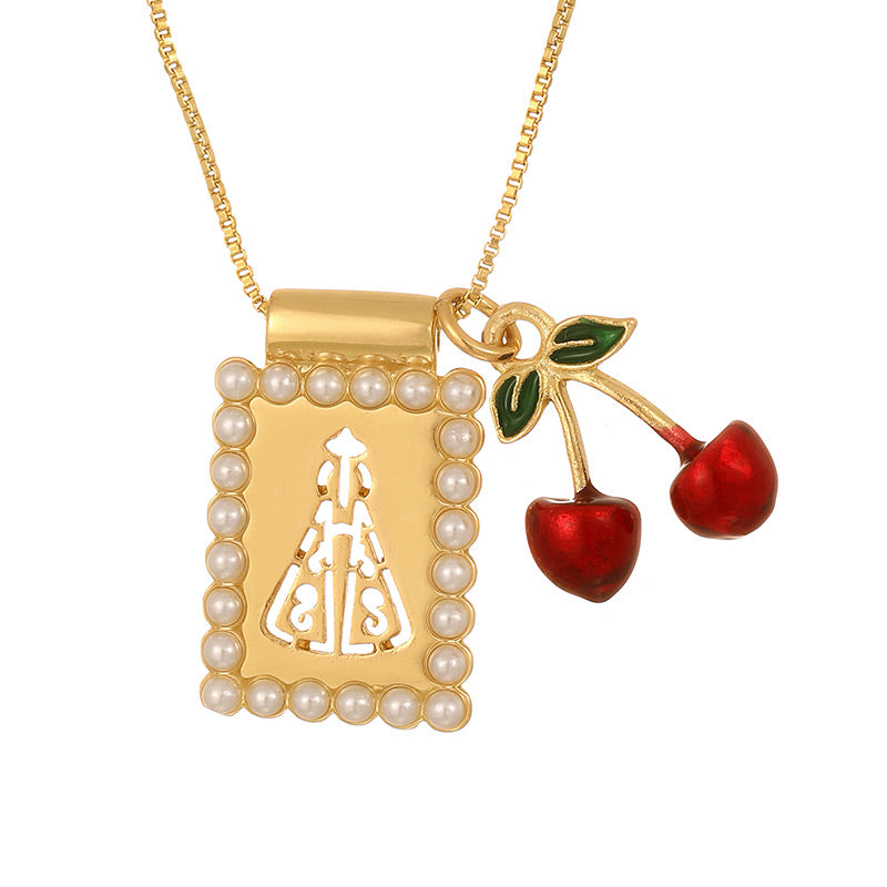 Gold 1 Square Hollow Pattern Oil-dripping Cherry Necklace (with Needle)