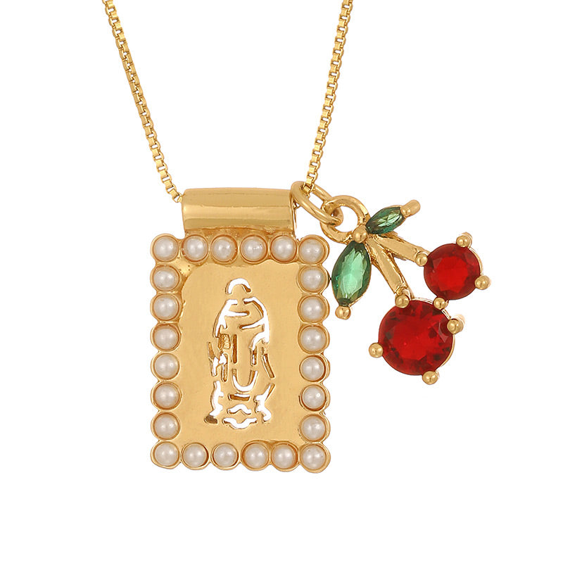 Gold 1 Square Hollow Pattern Oil-dripping Cherry Necklace (with Needle)