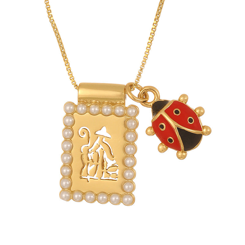 Gold 1 Square Hollow Pattern Oil-dripping Cherry Necklace (with Needle)