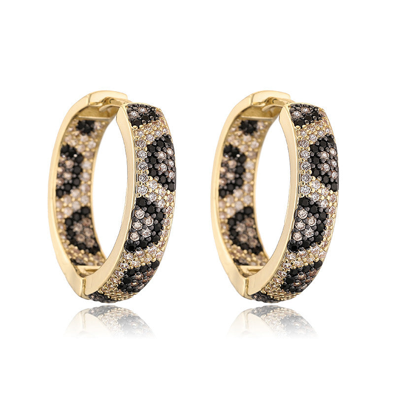 1 Pair Of Gold Champagne Diamond Leopard Print Round Earrings Copper And Diamond Leopard Print Round Earrings