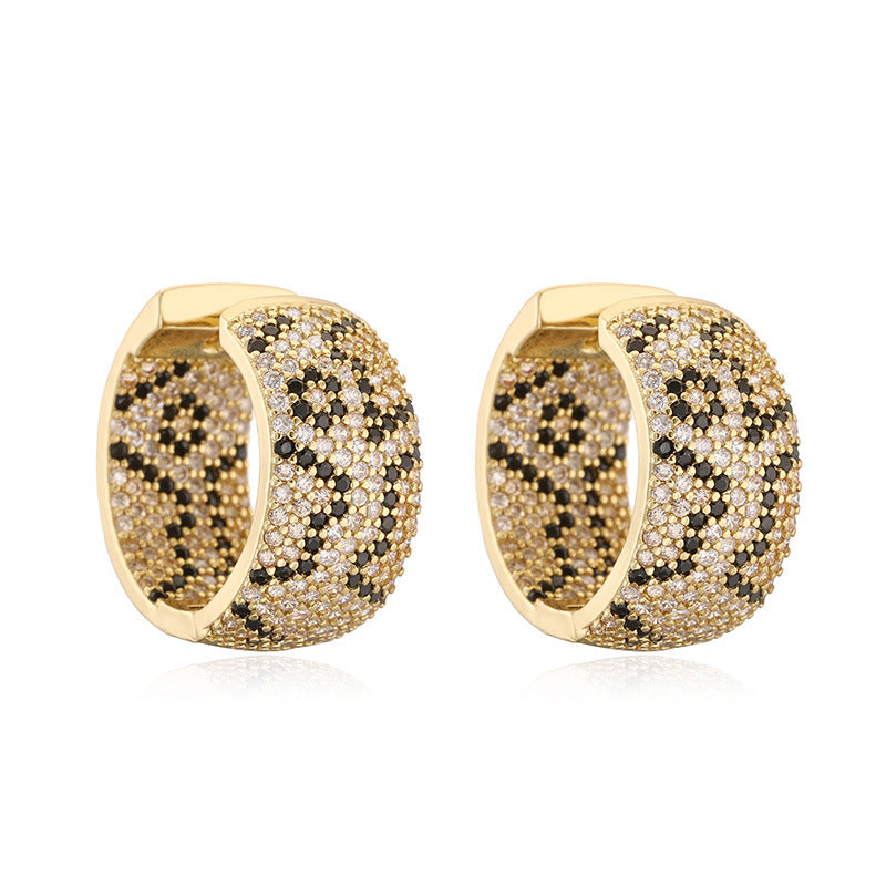 1 Pair Of Gold Champagne Diamond Leopard Print Round Earrings Copper And Diamond Leopard Print Round Earrings