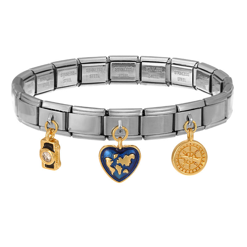 Silver 1 Titanium Steel Inlaid Zirconium Oil Drop Globe World Series Square Module Bracelet