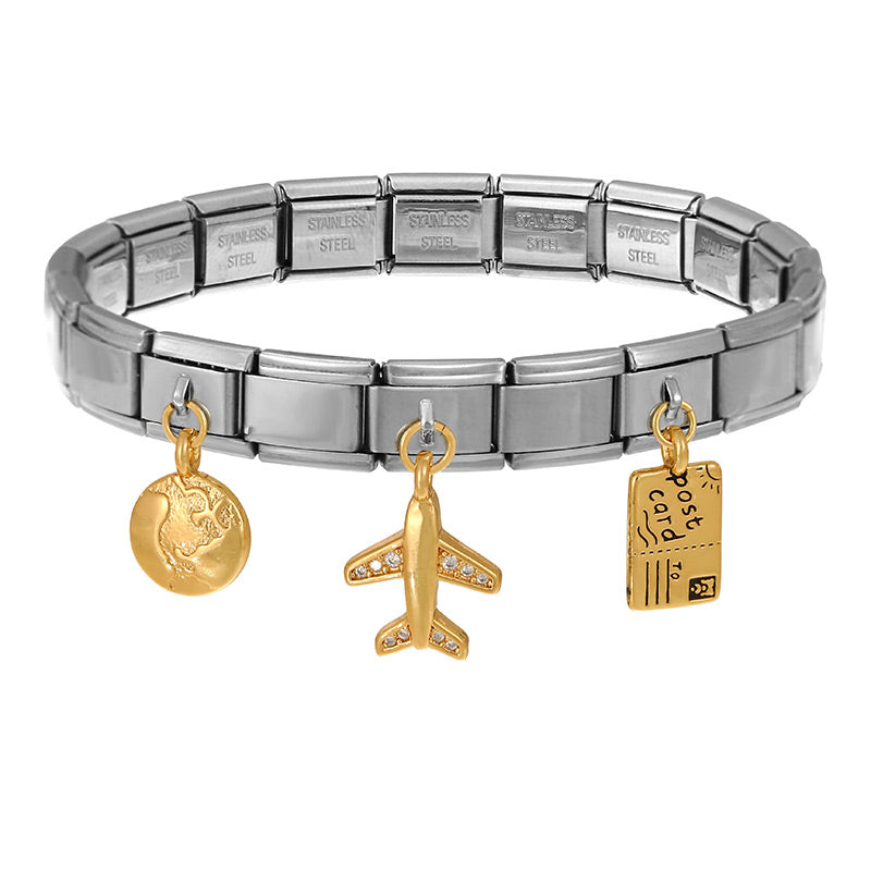 Silver 1 Titanium Steel Inlaid Zirconium Oil Drop Globe World Series Square Module Bracelet