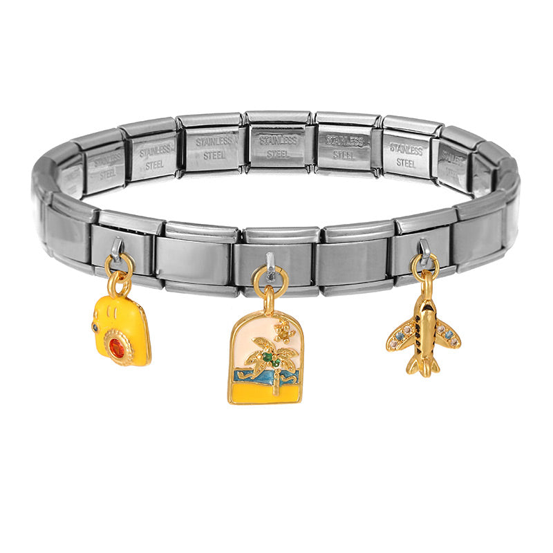 Silver 1 Titanium Steel Inlaid Zirconium Oil Drop Globe World Series Square Module Bracelet