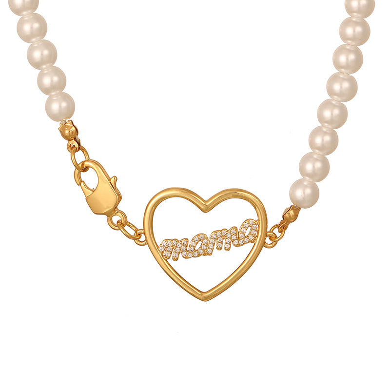 Gold 1 Copper Inlaid Zircon Letter Mom Lobster Clasp Pearl Necklace (6mm)