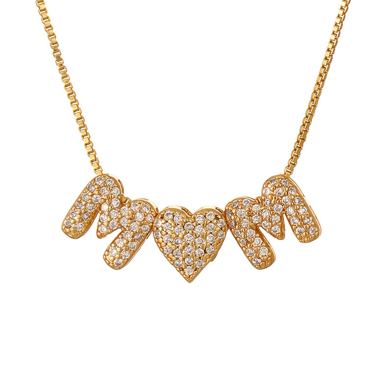 Gold 1 Copper Inlaid Zircon Letter Mom Lobster Clasp Pearl Necklace (6mm)