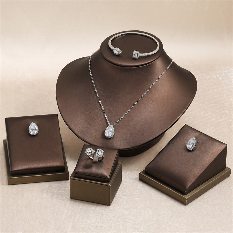 White Platinum Plated Copper Diamond Drop Necklace Earrings Ring Set