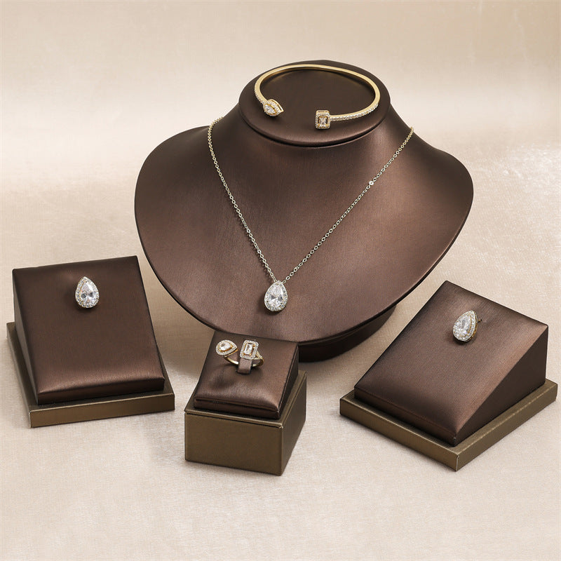 White Platinum Plated Copper Diamond Drop Necklace Earrings Ring Set