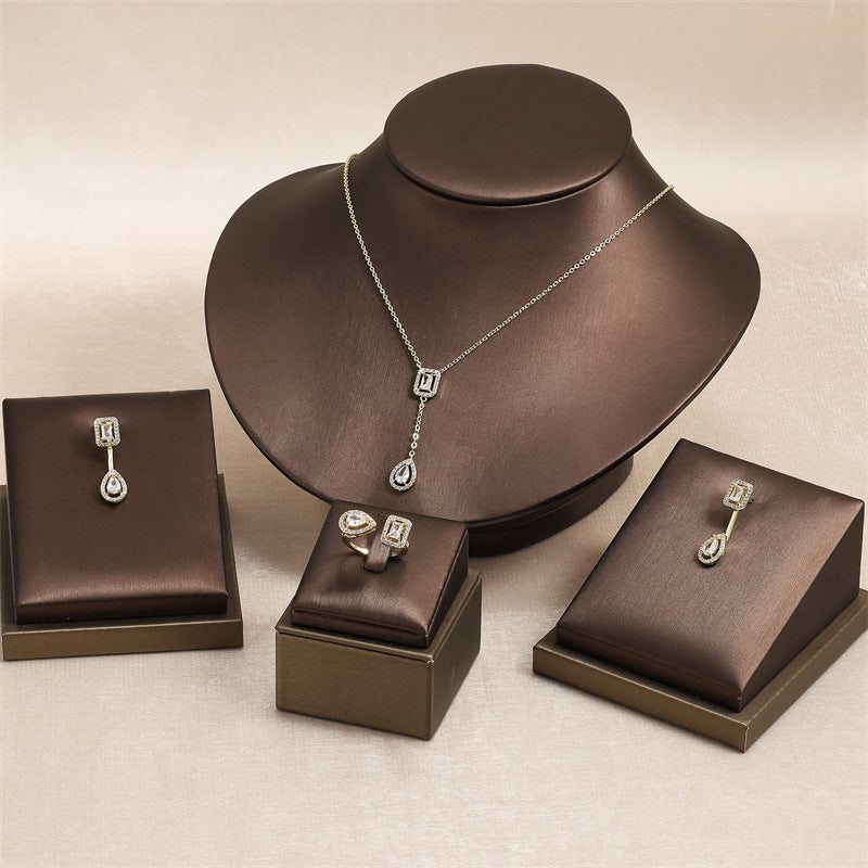 White Platinum Plated Copper Diamond Square Drop Necklace Earrings Ring Set