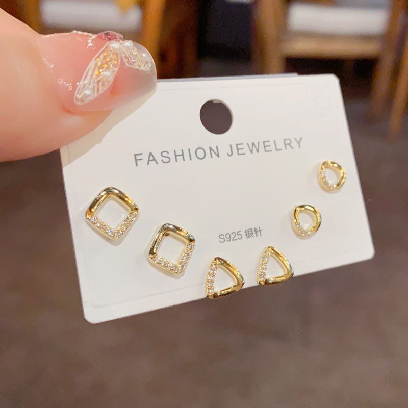 Gold-geometric Square Three-piece Earrings (thickened Real Gold Electroplating) Copper Diamond Square Triangle Earring Set