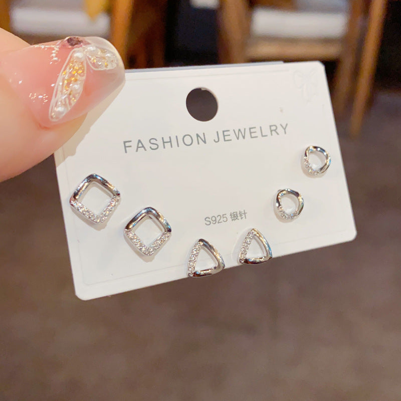 Gold-geometric Square Three-piece Earrings (thickened Real Gold Electroplating) Copper Diamond Square Triangle Earring Set