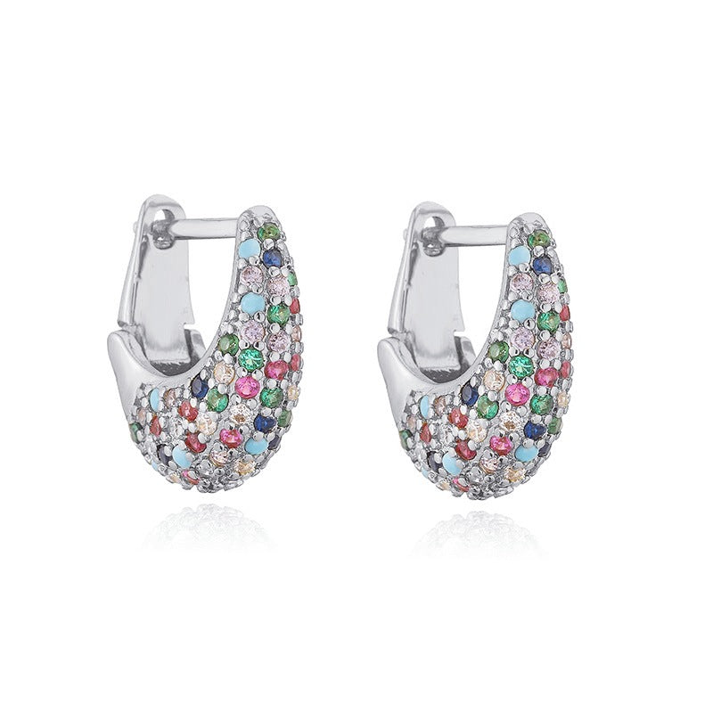 1 Pair Of Gold Colored Diamond Oval U-shaped Earrings Copper Diamond Oval Earrings