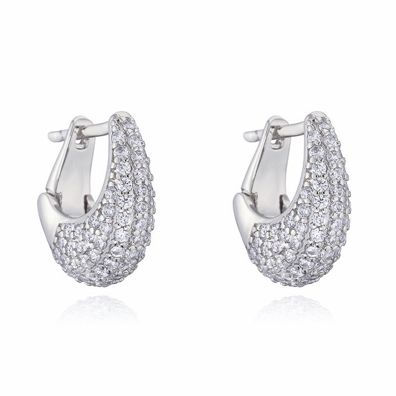 1 Pair Of Gold Colored Diamond Oval U-shaped Earrings Copper Diamond Oval Earrings