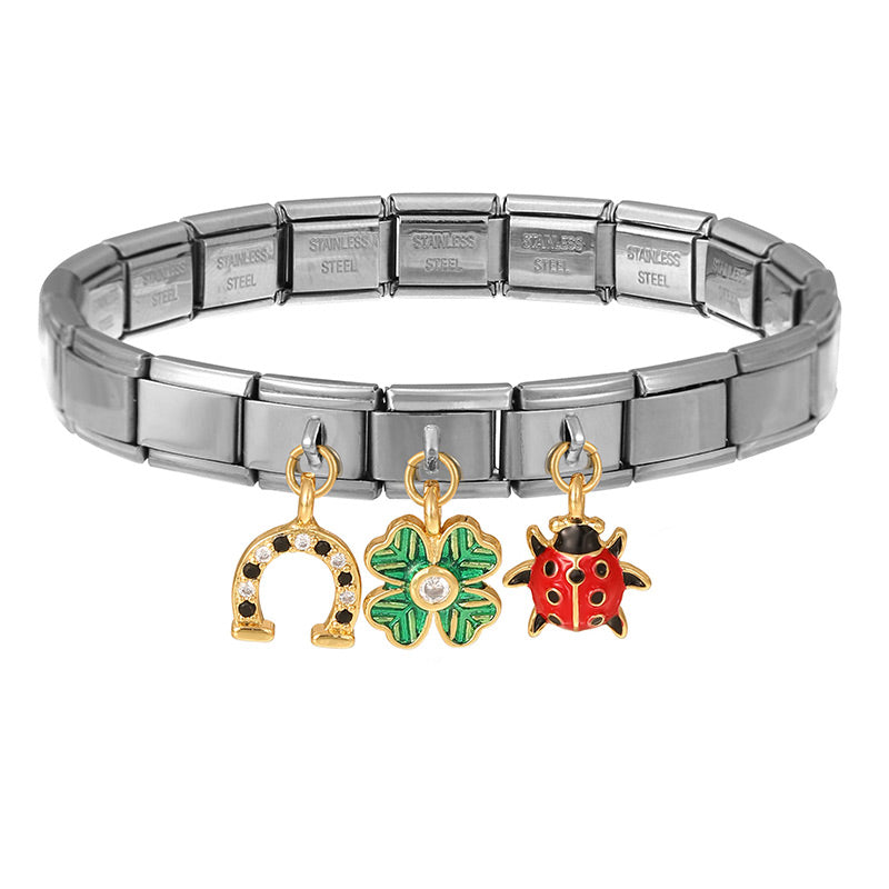 Silver 1 Zirconia-inlaid Ladybug Square Module Bracelet