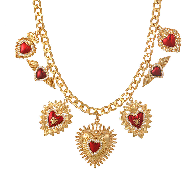 Gold Copper Set Zircon Drop Oil Love Necklace