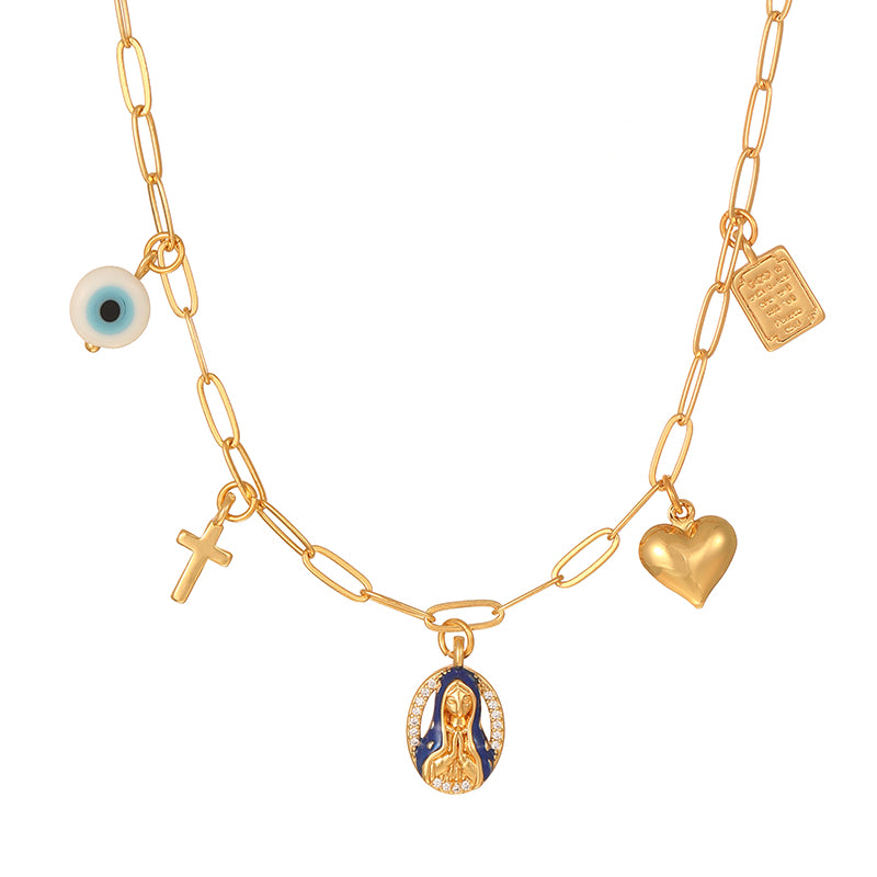 Golden 7 Copper Inlaid Zircon Oil Drop Religious Necklace Bracelet Set