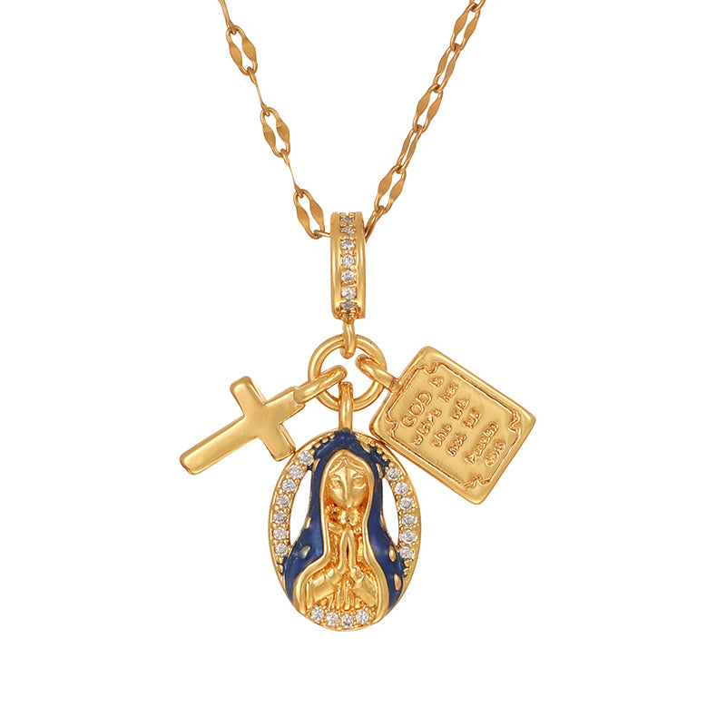 Gold 1 Titanium Steel Inlaid Zirconium Oil Drop Religious Necklace