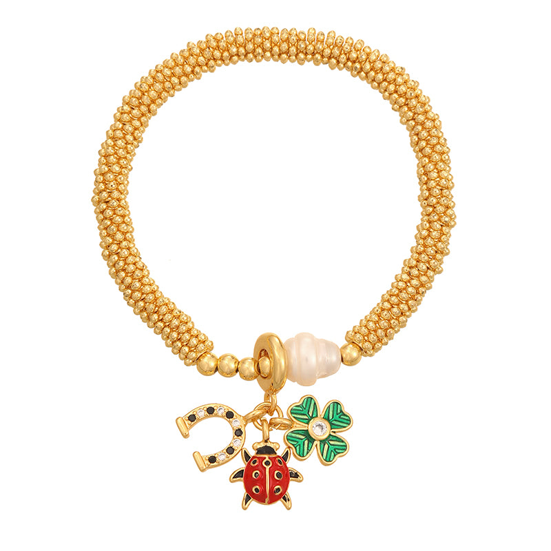 Gold 1 Copper Inlaid Zircon Oil Dripping Religious Beaded Pearl Bracelet