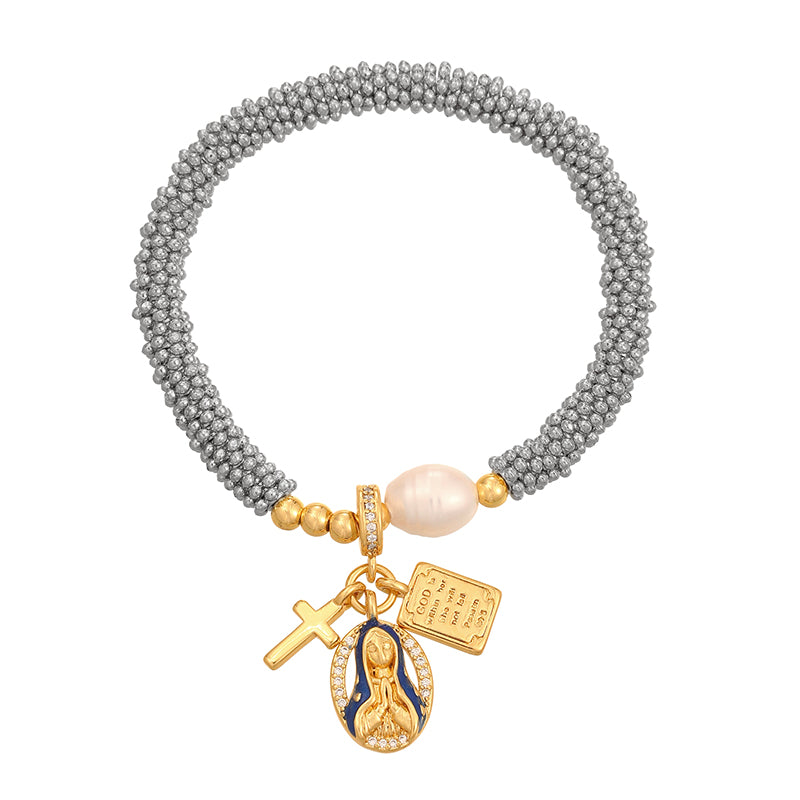 Gold 1 Copper Inlaid Zircon Oil Dripping Religious Beaded Pearl Bracelet