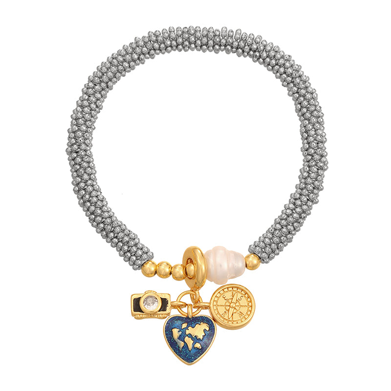 Gold 1 Copper Inlaid Zircon Oil Dripping Religious Beaded Pearl Bracelet
