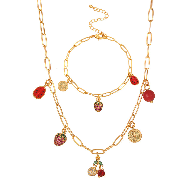 Golden 7 Copper Inlaid Zircon Oil Drop Religious Necklace Bracelet Set