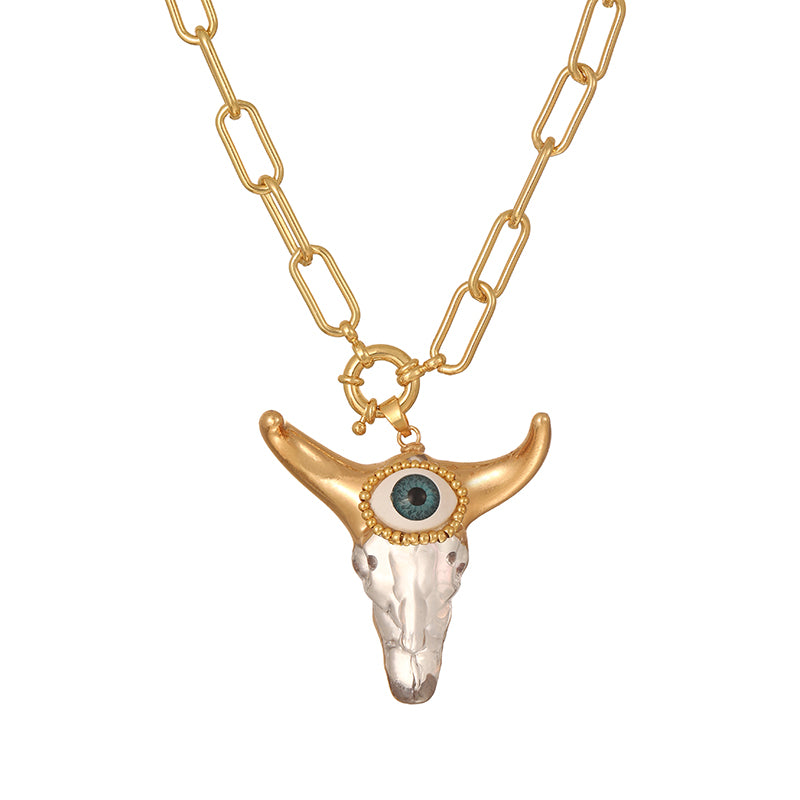 Gold 1 Bull Head Eye Rice Bead Ring Necklace