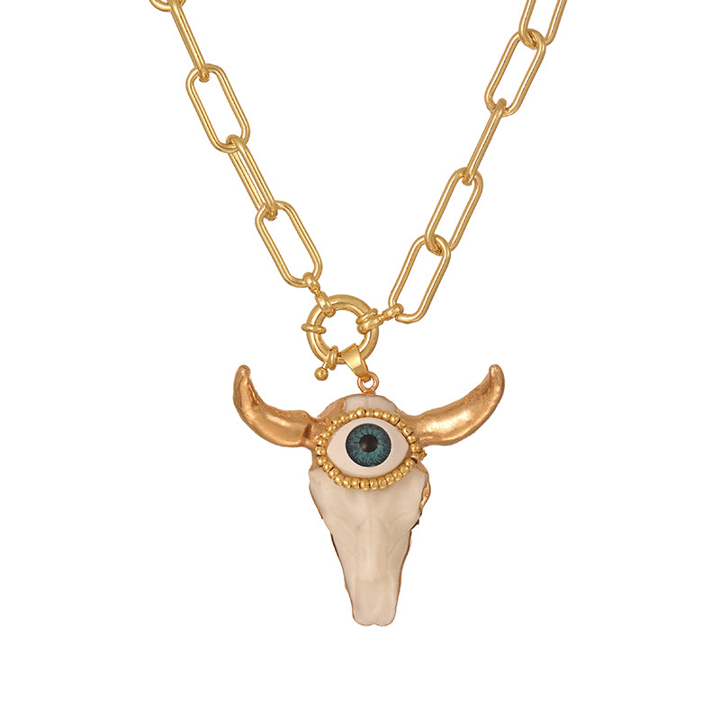 Gold 1 Bull Head Eye Rice Bead Ring Necklace