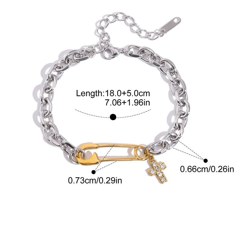 Gold And Silver Stainless Steel Diamond Cross Pin Colorblock Bracelet