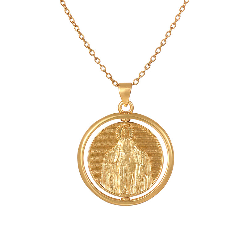 Gold 1 Round Double-sided Rotating Portrait Titanium Steel Necklace