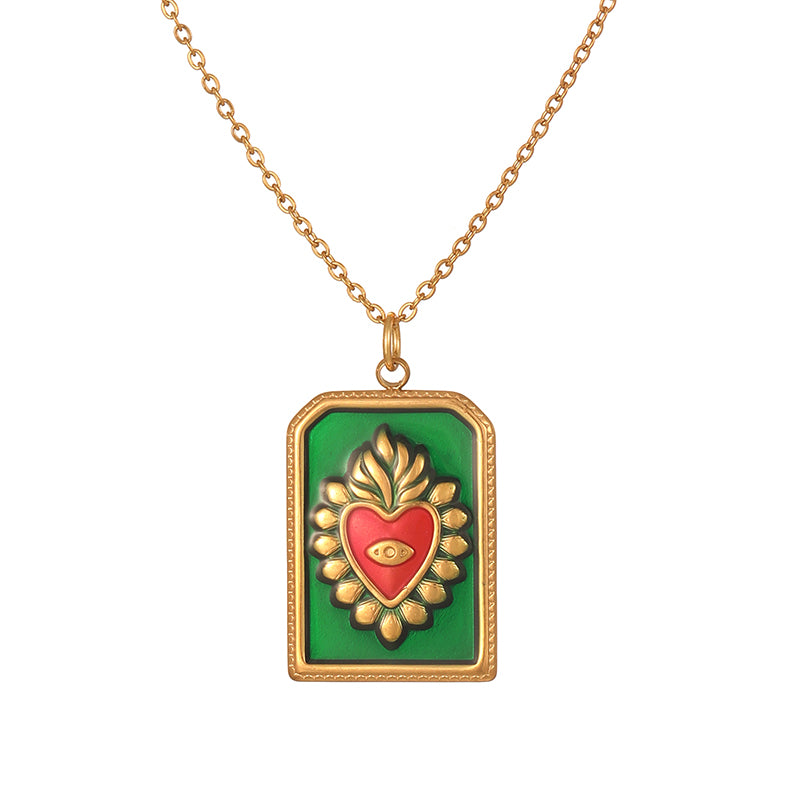 Color 1 Titanium Steel Oil Drop Heart Square Necklace