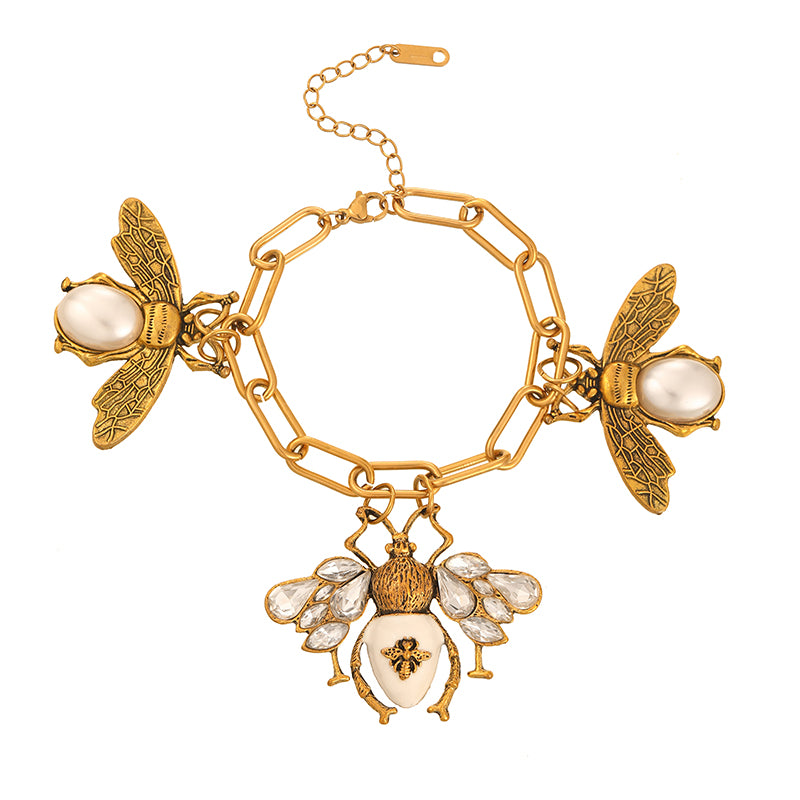 Gold 2 Diamond And Oil-drop Pearl Bee Bracelet